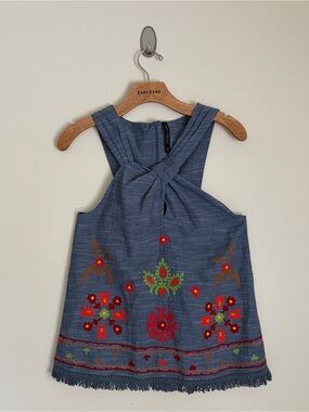 Banjara Embroidered Chambray Twist Front Boho Top Small